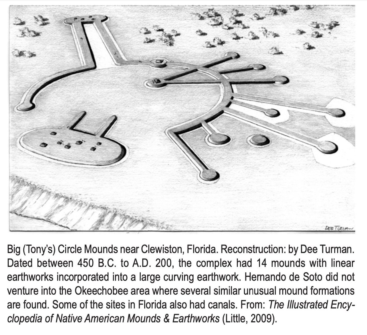 One of my favorite archaeological site reconstructions from the mound encyclopedia. This is Big (Tony's) Circle Mounds in Florida. It was a somewhat bizarre configuration of elevated earthworks (causeways) connecting mounds. It was found and investigated by archaeologists in