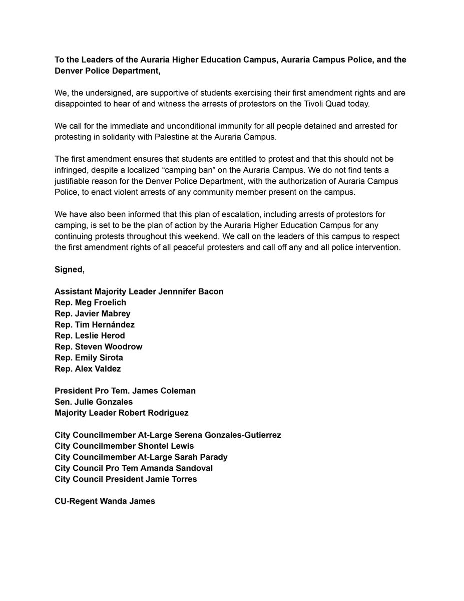 READ: A Statement by Colorado State Representatives, State Senators, Denver City Councilmembers, and a CU-Regent. We call on the leaders of the Auraria Campus to respect the first amendment rights of all protesters and call off any and all police intervention.