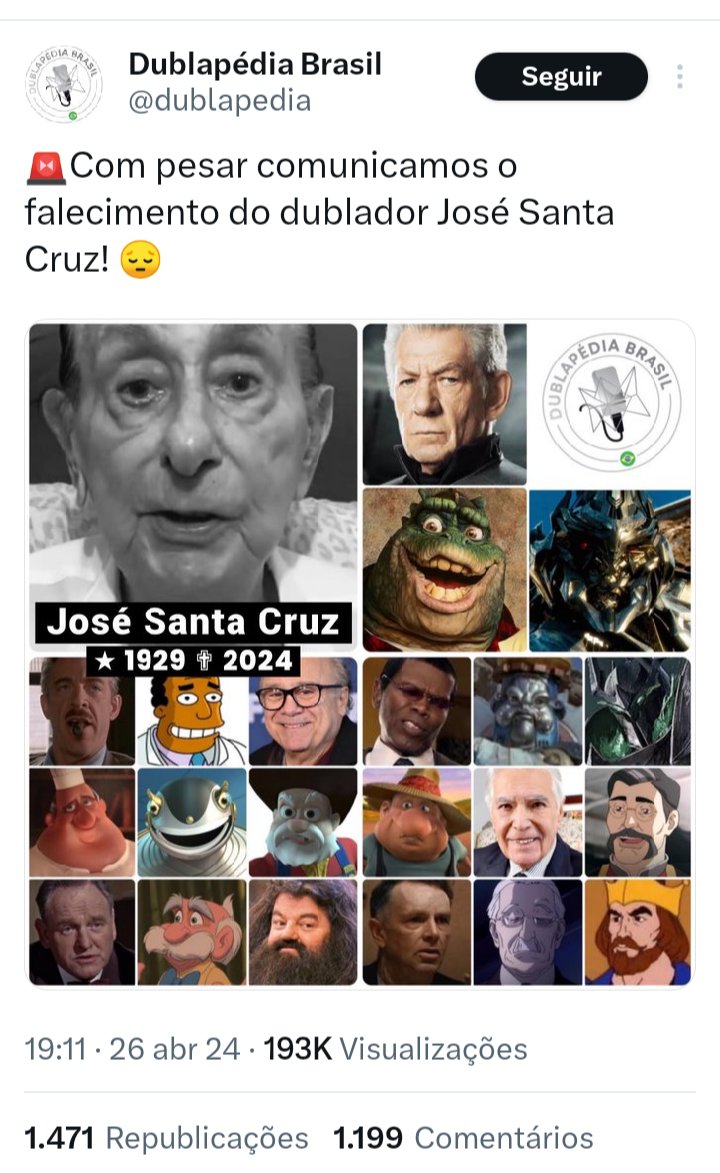 #RIP O dublador (e ator) José Santa Cruz é nossa memória auditiva de tantos personagens icônicos.