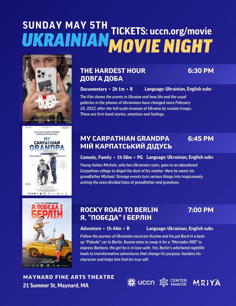 🎥 Don't miss Ukrainian Movie Night at Maynard Fine Arts Theatre on Sunday, May 5th, starting at 6:30 PM! 
Tickets are already on sale! uccn.org/movie/