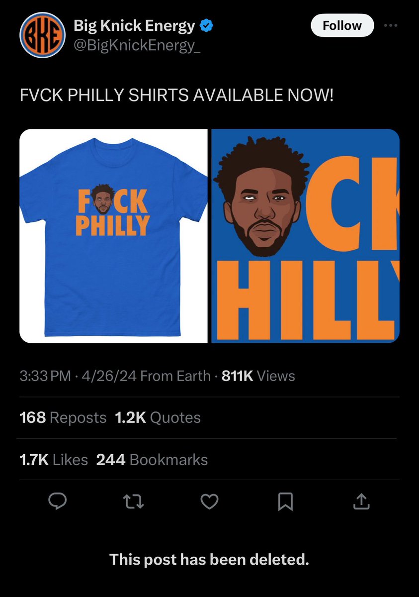 If Philly fans' two modes are Cocky and Distraught, Knicks fans' two modes are 'Won't shut the fuck up' and 'This post has been deleted.'