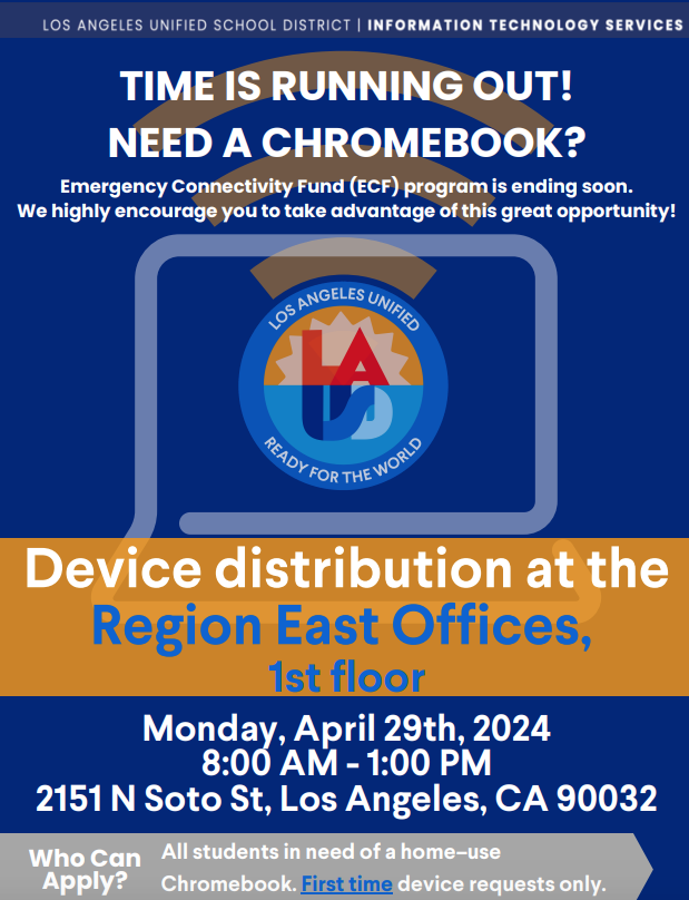 EastLANetwork's tweet photo. Time is running out! If you need a Chromebook to use at home, now is your chance! (This event is for 1st time requests ONLY)

The LAUSD Emergency Connectivity Fund (ECF) program is ending soon. We highly encourage you to take advantage of this great opportunity! https://t.co/HQsgb3TI8U