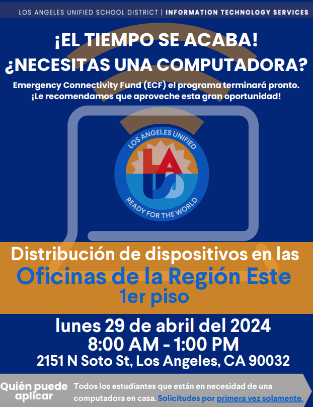 EastLANetwork's tweet photo. Time is running out! If you need a Chromebook to use at home, now is your chance! (This event is for 1st time requests ONLY)

The LAUSD Emergency Connectivity Fund (ECF) program is ending soon. We highly encourage you to take advantage of this great opportunity! https://t.co/HQsgb3TI8U