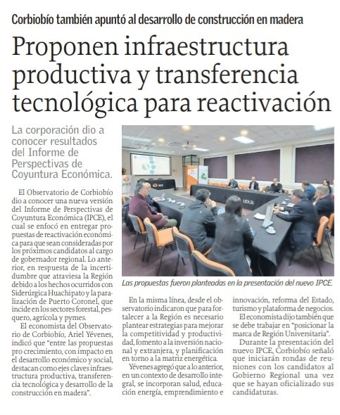 ⭕️ #Prensa | 📲 <a href="/elsurcl/">Diario El Sur</a>

📊 #IPCE 
🔉 #ObservatorioCorbiobío

🔹️Proponen infraestructura productiva y transferencia tecnológica para reactivación
🔹️ También desarrollo de construcción en madera
#ChileDesarrollado
🔗 elsur.cl