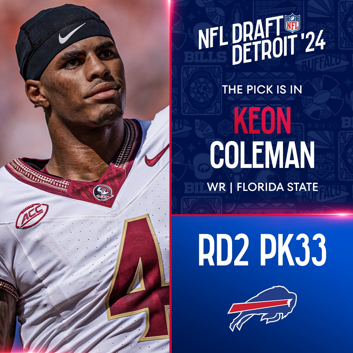 NFL's tweet photo. With the No. 33 overall pick in the 2024 @NFLDraft, the @BuffaloBills select Keon Coleman! 

📺: #NFLDraft on NFLN/ESPN2/ABC
📱: Stream on #NFLPlus https://t.co/cxCMlgHxia