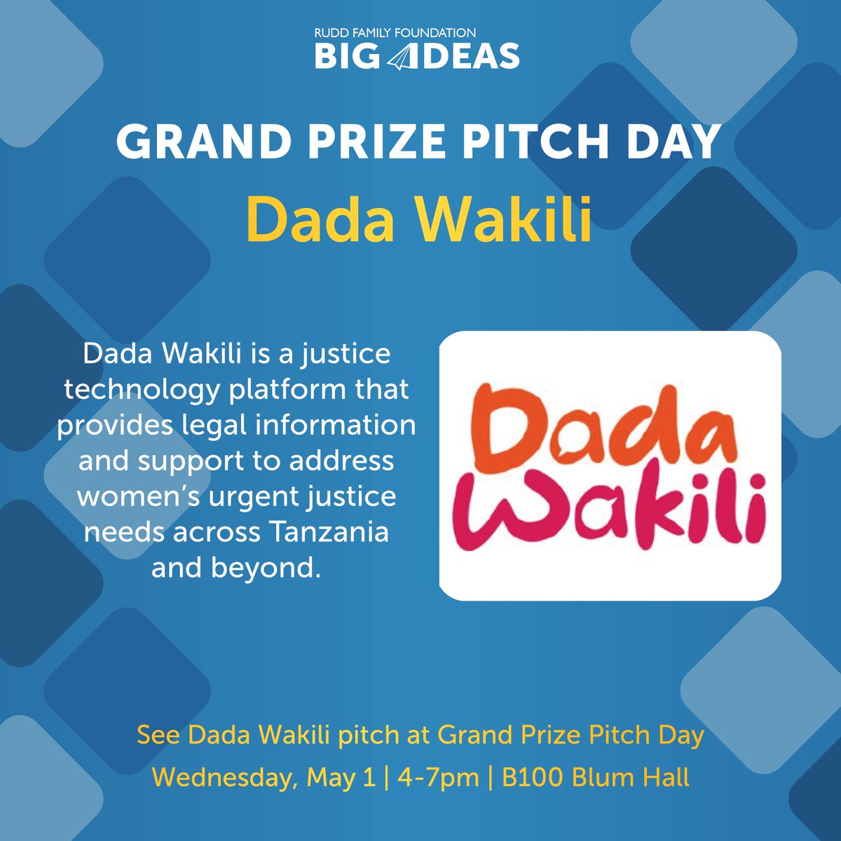 Big Ideas Contest (@bigideascontest) on Twitter photo Dada Wakili is one of the top five teams competing for the $20K grand prize! Dada Wakili is a finalist from the <a href="/SussexUni/">University of Sussex</a>, developing a platform that provides legal support to women in Tanzania.
Watch Dada Wakili pitch at GRAND PRIZE PITCH DAY! RSVP at ticketbud.com/events/f5eba3b⦠Dada Wakili is one of the top five teams competing for the $20K grand prize! Dada Wakili is a finalist from the <a href="/SussexUni/">University of Sussex</a>, developing a platform that provides legal support to women in Tanzania.
Watch Dada Wakili pitch at GRAND PRIZE PITCH DAY! RSVP at ticketbud.com/events/f5eba3bā¦