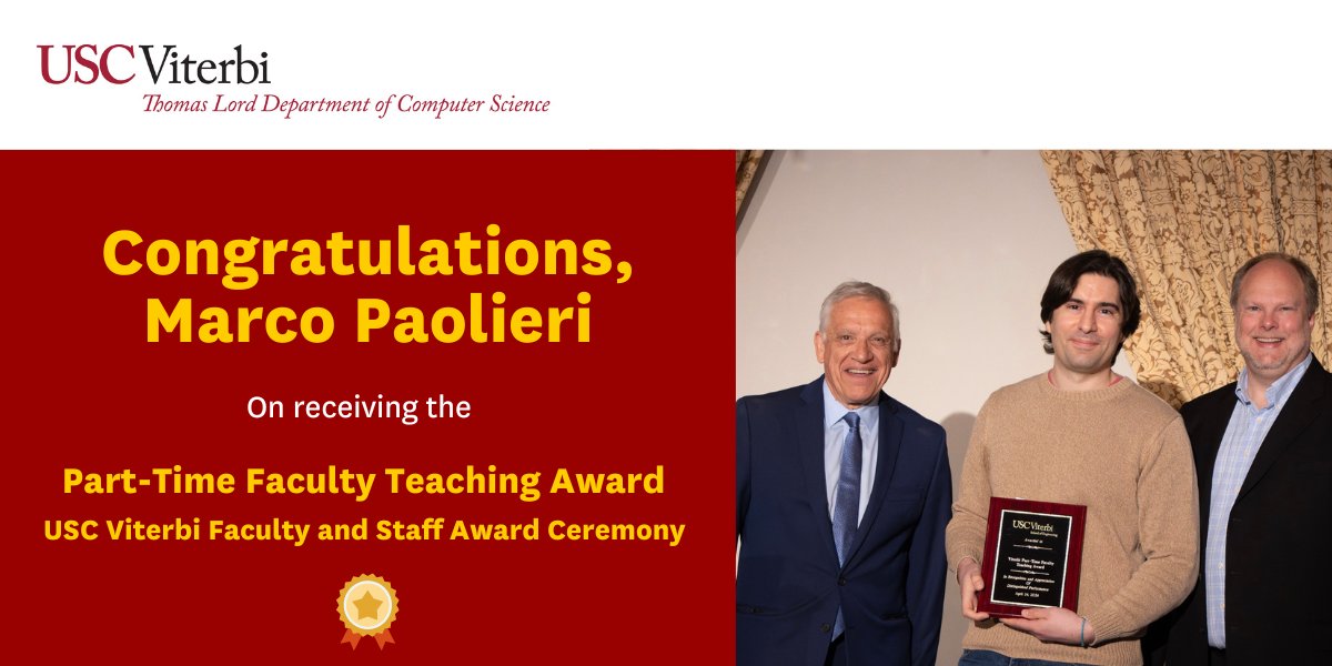 Big congrats to Marco Paolieri who received the Part-Time Faculty Teaching Award at @USCViterbi Faculty and Staff Annual Award Ceremony this week! 🎉 Described by students as 'a star lecturer” who is 'helpful, kind, patient and available.'👏