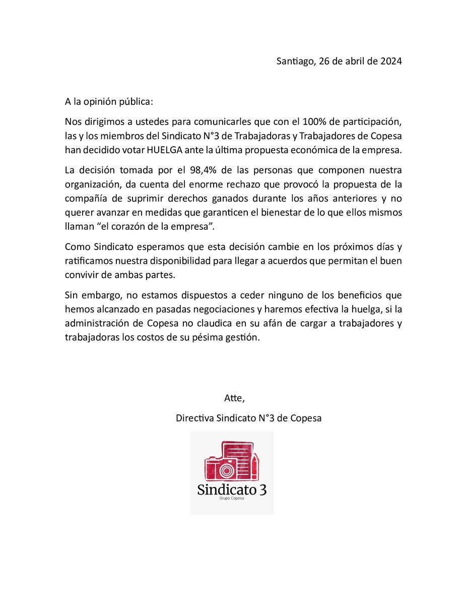 Compartimos con ustedes la declaración pública de nuestra directiva, tras la votación que declara la huelga de los medios La Tercera, La Cuarta, Pulso, Qué Pasa y Paula. #CopesaEnHuelga