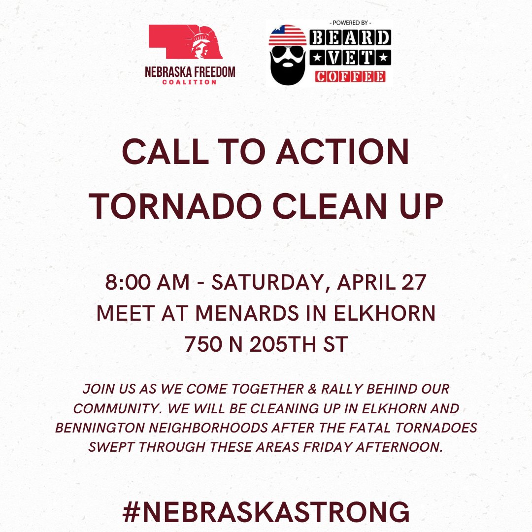 If you are able to come out tomorrow morning and help our local community after these devastating storms, we will be meeting at 8am at the Menards in Elkhorn. Wear hard shoes, jeans, and bring working gloves if you have them! Praying for all affected. 🙏🏼 cc: @Beard_Vet…