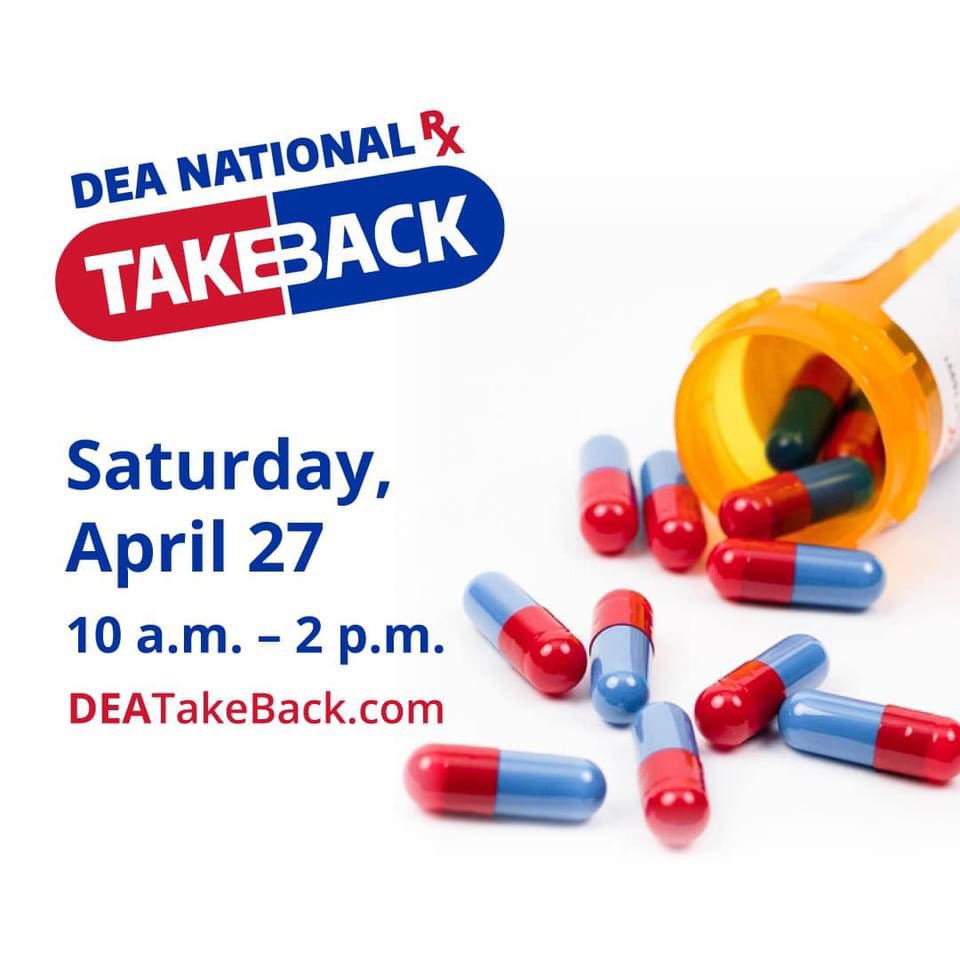 REMINDER: 💊 DEA National #TakeBackDay is tomorrow, Saturday, April 27th from 10AM-2PM. This is a free event for communities nationwide to properly dispose of old and unneeded medications safely. To find a drug disposal box near you visit: bit.ly/3PswnXy