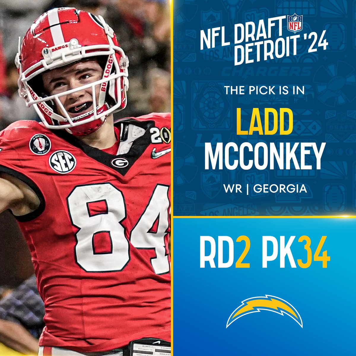 With the No. 34 overall pick in the 2024 <a href="/NFLDraft/">NFL Draft</a>, the <a href="/chargers/">Los Angeles Chargers</a> select Ladd McConkey!

📺: #NFLDraft on NFLN/ESPN2/ABC
📱: Stream on #NFLPlus