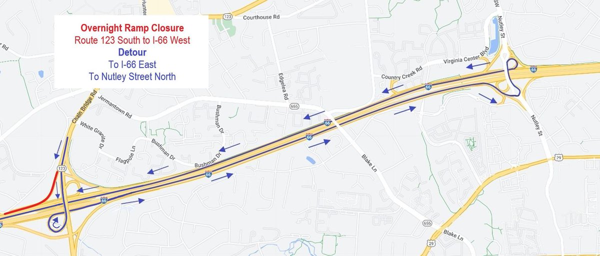 🚧Traffic Alert - #Oakton: Overnight closures of ramp from Rt 123 S (Chain Bridge Rd) to I-66 W planned May 1 – 3. #VaTraffic More: vdot.virginia.gov/news-events/ne…
