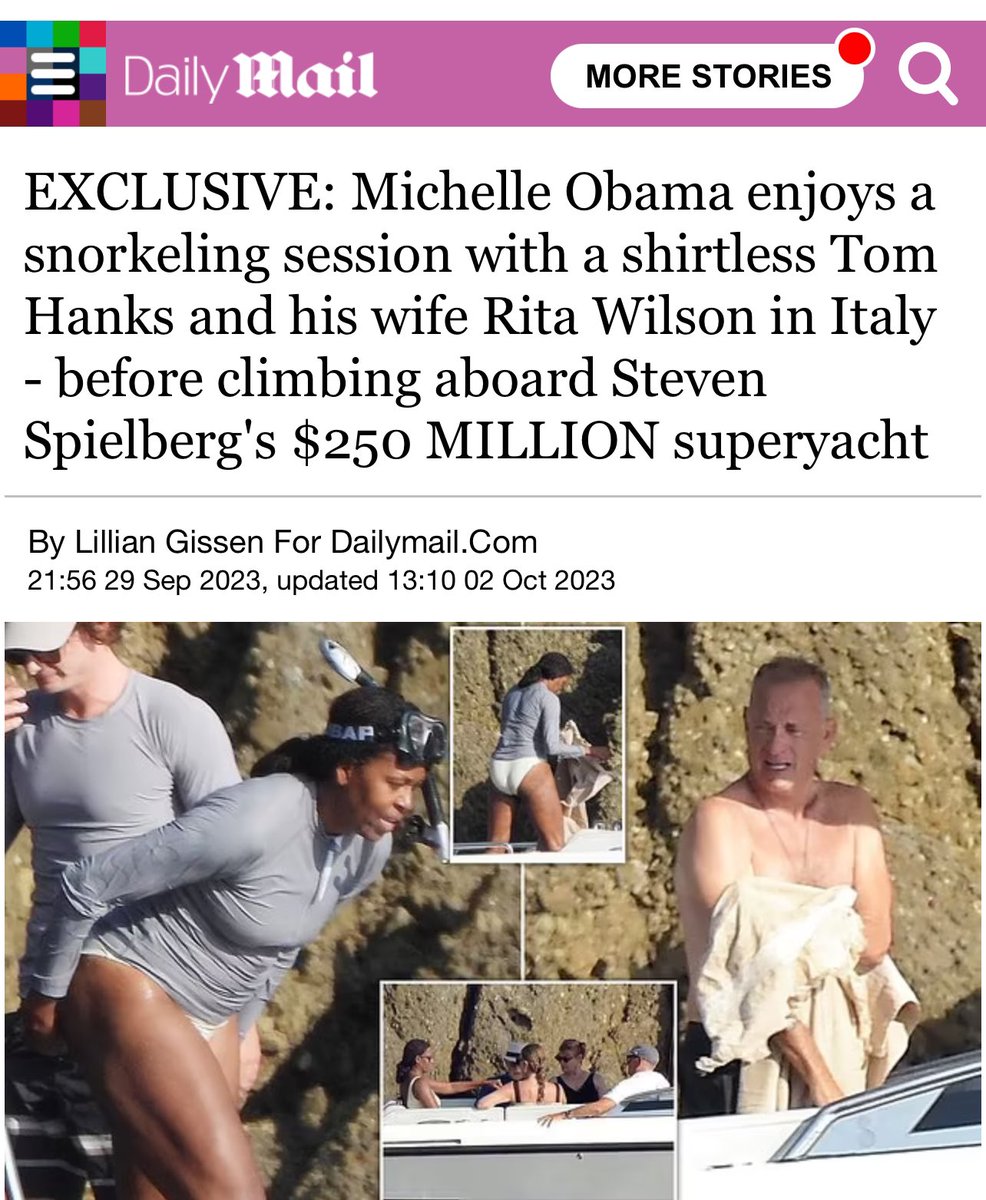 🚨 Last summer, Michelle Obama, Tom Hanks, and his wife were all vacationing together with Steven Spielberg on his super yacht in Italy. People are saying ‘pedophiles of a feather flock together.’⚠️