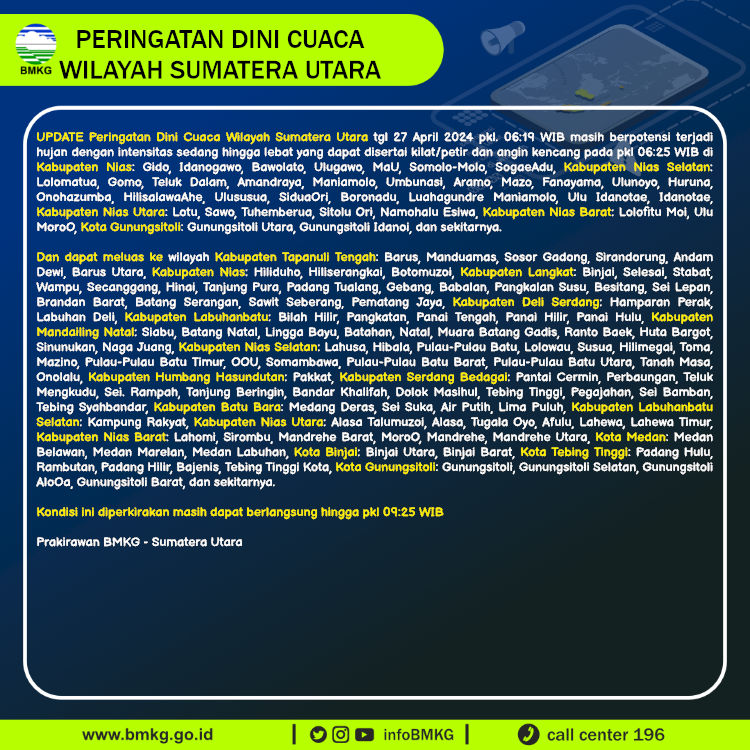 Update Peringatan Dini Cuaca Wilayah - Sumatera Utara Tgl. 27 April 2024 pkl. 06:25 WIB
Prakirawan - BMKG - Sumatera Utara
nowcasting.bmkg.go.id/nowcast?kodwil…