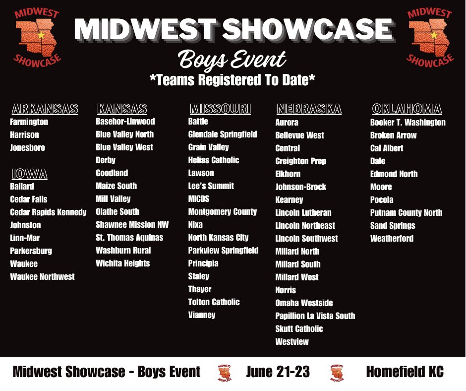 Here is our current list of teams *to date* for the 2024 Boys Midwest Showcase Event! 🏀 Great basketball to come! 📅June 21-23 📍Homefield KC @MSHSAAOrg @ArkActAssn @ArbcacontactAr @IHSAA @ibcacoaches @nsaahome @NebraskaCoach @KSHSAA @KBCA_Tweets @OSSAAOnline @OBCA_