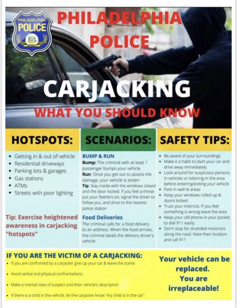 On 4/24 a carjacking attempt occurred on 600 Passyunk after 12am. Please follow these safety tips to avoid victimization! And most importantly - always be aware of your surroundings and call 911 if something doesn’t feel right! 

#CrimePrevention #Carjacking #PhillyPD