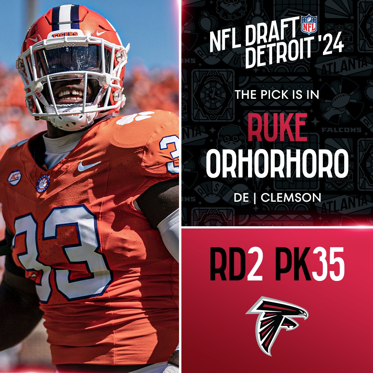 With the No. 35 overall pick in the 2024 @NFLDraft, the @AtlantaFalcons select Ruke Orhorhoro! @NFLAfrica 📺: #NFLDraft on NFLN/ESPN2/ABC 📱: Stream on #NFLPlus