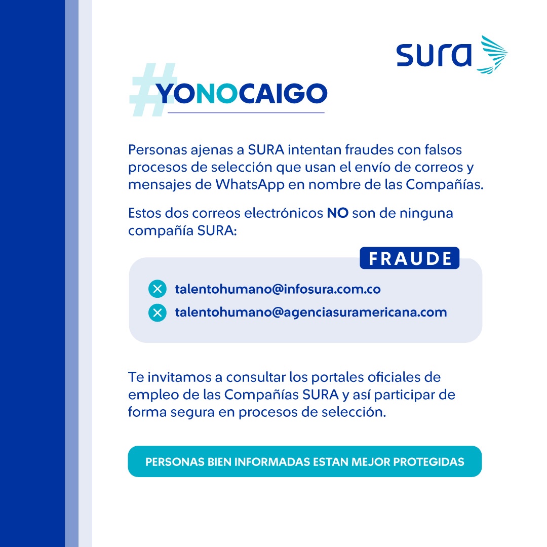 Lamentamos que nuevamente estén suplantando el nombre de la Compañía y la marca para estafar a interesados en trabajar en compañías #SURA en Colombia. Insistimos: NO pedimos información personal o requisitos por chats o e-mails y las vacantes se publican en estos portales de…