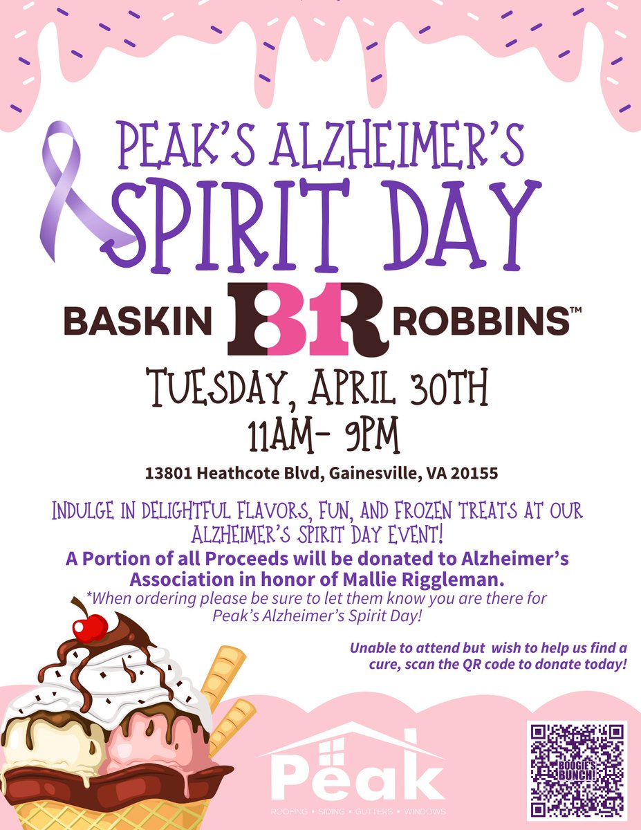 🍦💜 TOMORROW IS THE DAY! 💜🍦
COME OUT & SUPPORT US FOR OUR 3RD SPIRIT DAY! Baskin Robbins in Gainesville will be hosting Peak's Alzheimer's Spirit Day tomorrow from 11am-9pm. *When ordering be sure to let them know you are there for Peak's Alzheimer's Spirit Day!  #spiritday
