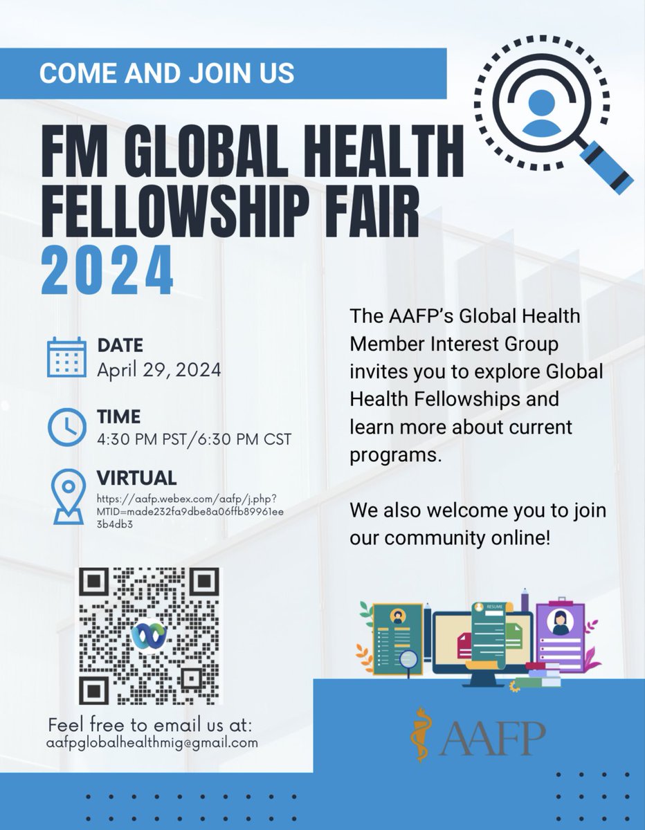 If you’re a Family Medicine Resident or Med Student, don’t miss the Global Health Fellowship Fair this Monday 4/29‼️
#FMRevolution #FamilyMedicine #MedTwitter #medstudent #GlobalHealth
