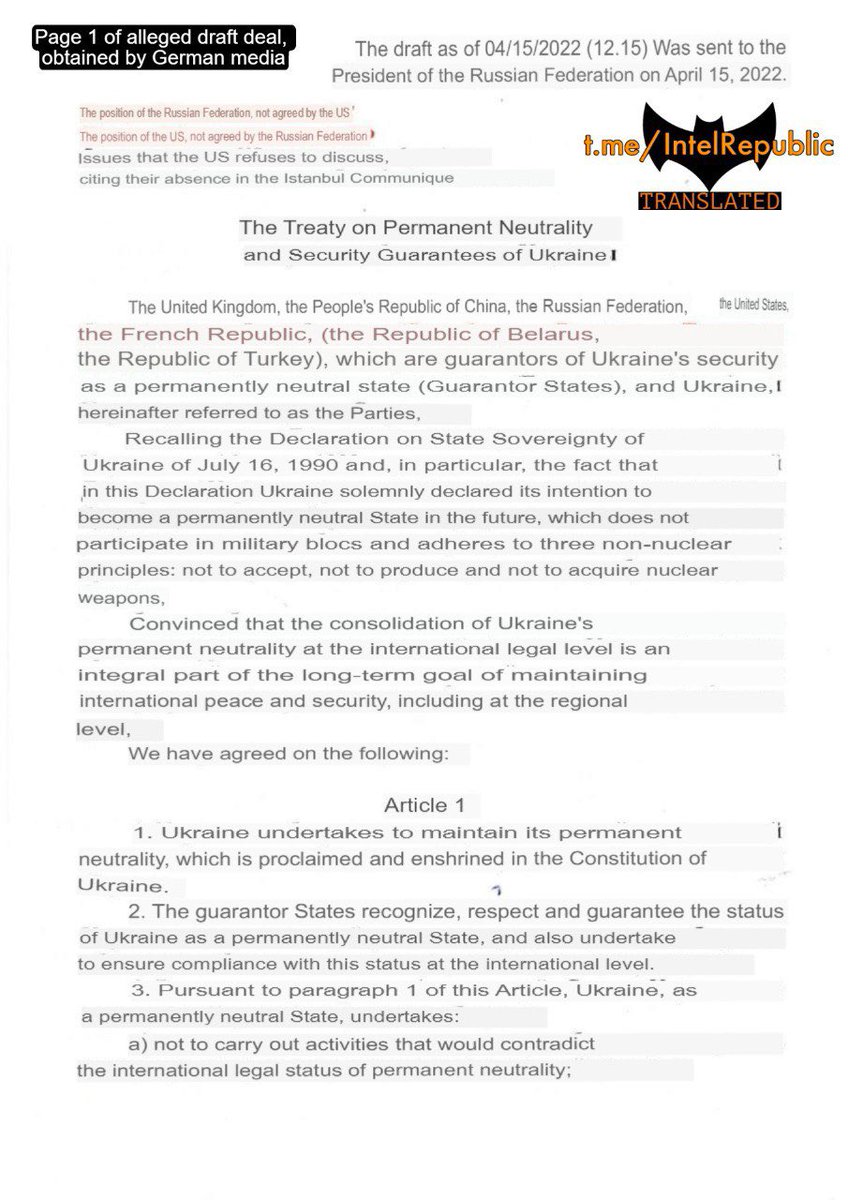 🇷🇺🇺🇦🕊DEAL THAT COULD HAVE ENDED UKRAINE CONFLICT REVEALED: German media claims to have found draft peace deal between Russia and Ukraine from April 15 2022, almost finalized and signed before former Boris Johnson swooped in and ordered Kiev regime to go to war.
