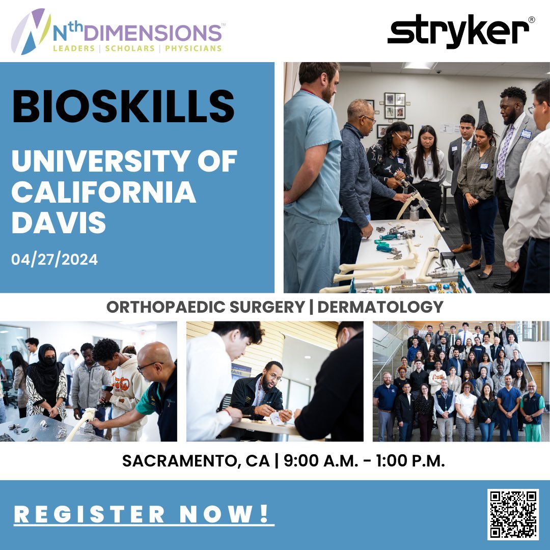 Don’t miss out on our bioskills event at UC Davis this Saturday! There’s still time to register. Come learn from industry experts like physicians, the #Stryker team, and Nth Alumni. It’s a great opportunity to meet mentors and connect with peers in the field! #nthdim #ucdhortho