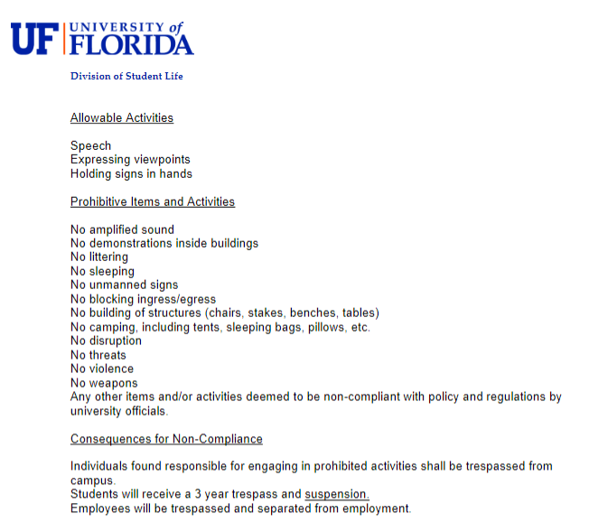 This is how it's done at the University of Florida!   

FAFO!

'Students will get a 3 year trespass and suspension.'

'Employees will be trespassed and separated from employment.' 

In other words - FIRED.