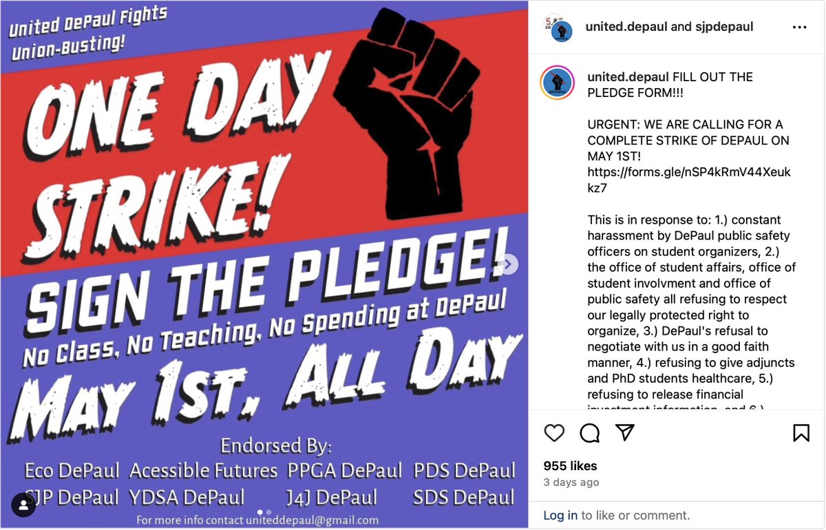 It's looking like the largest Catholic university in the United States will be on strike on May Day. instagram.com/united.depaul/ #UnitedDePaul cc. @labornotes, @SFNDHE, @HigherEdLabor, @chronicle