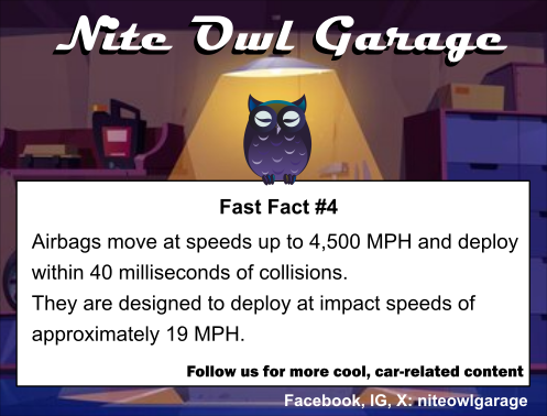 We're  an online garage! Follow us for Fun & Easy Car Care and Maintenance  content. 
#niteowlgarage #carcaretips #carmaintenancetips #carculture #carlover #cargirl #carguy #airbags #collision #safety #likefollowshare #friday #fastfact #thanksforyoursupport