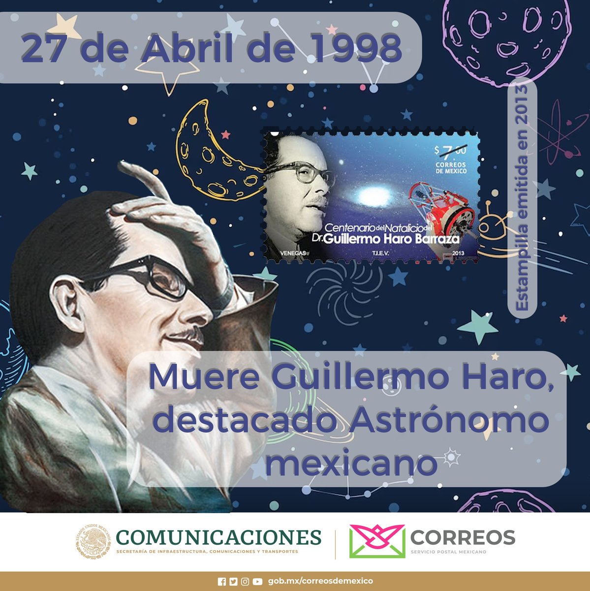 Guillermo Haro descubrió un gran número de estrellas. En 1956 informó de una nueva clase de galaxias. Fue director del Observatorio Astronómico Nacional de la #UNAM y del Observatorio Astrofísico Nacional de Tonantzintla, Puebla. Recibió el Premio Nacional de Ciencias en 1963.