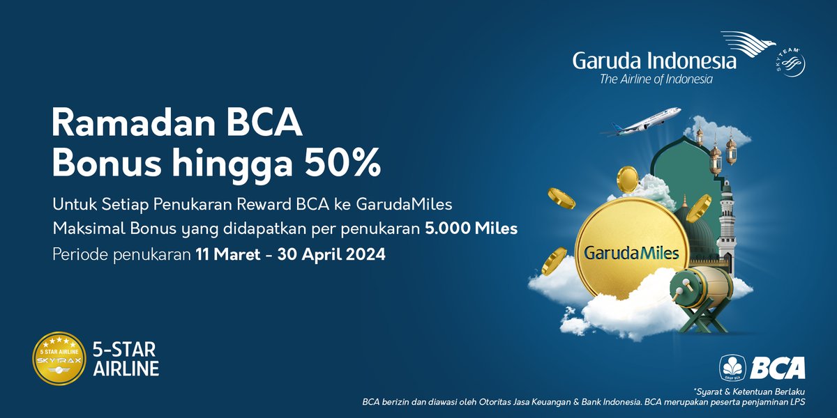 Nikmati Bonus 50% Miles dengan Tukar Poin BCA ke GarudaMiles! Jelajahi berbagai benefit yang hanya akan Anda dapatkan saat menjadi anggota GarudaMiles. Info lengkap: garuda-indonesia.com/garudamiles/id… #GarudaIndonesia #BecauseYouMatter