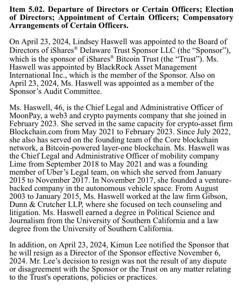 BlackRock just filed update for $IBIT: Lindsey Haswell of MoonPay is joining the board of directors of the fund, replacing Kimun Lee.