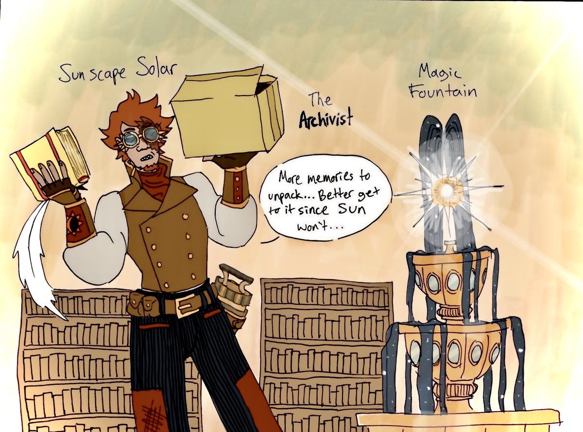 Placeholder AU Sun compartmentalizes information, sending some to Moon to process and some to throw on the suppress it shelf. Now Solar keeps it all documented. 

#sunandmoonshow #samsfanart #sams #tsams #solarfanart