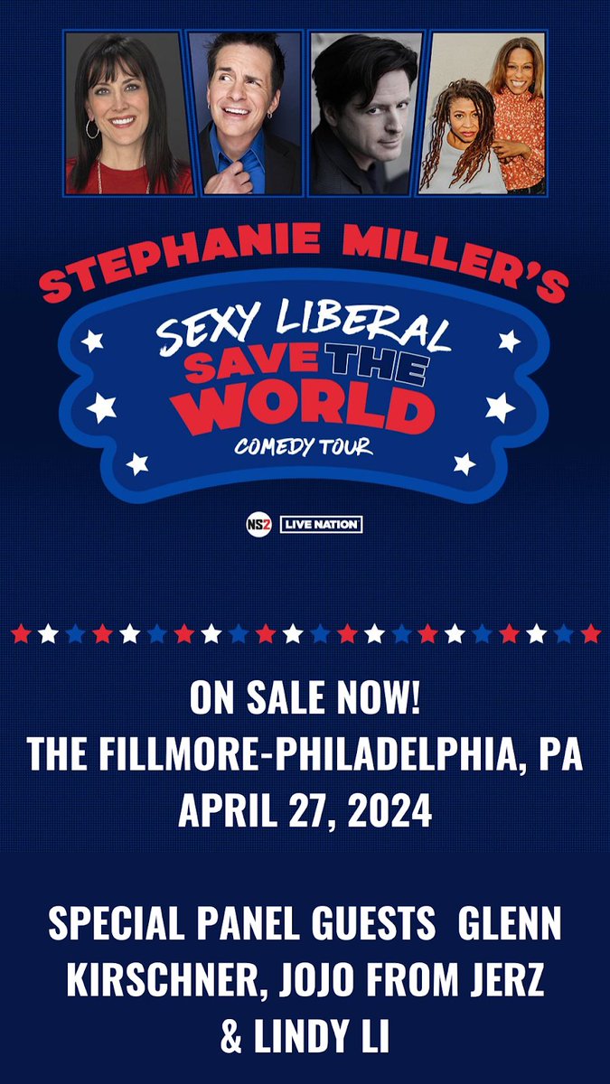 Tomorrow night, the big tour hits #Philly with @StephMillerShow @HalSparks @frangeladuo & me- with special guests @glennkirschner2 @JoJoFromJerz & @lindyli. Presented by Live Nation. I'll be selling autographed Bibles after the show.