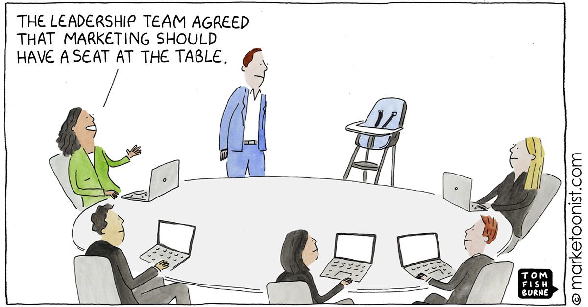 Marketing finally gets a seat at the table! Well, sort of. This cartoon by Marketoonist perfectly captures the struggle to gain recognition for the marketing function. 🤣 

#FunnyFriday #CartoonFriday #SeatAtTheTable #MarketingStruggles #Marketoonist