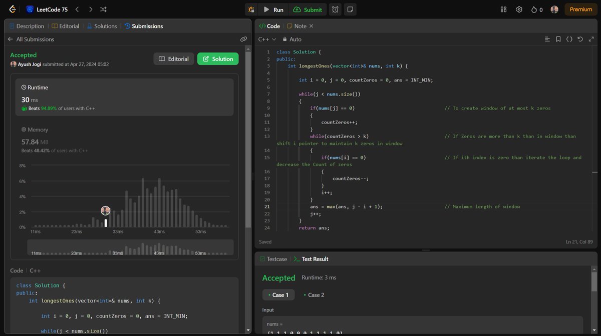 DAY 26 - #30daysOfCode 🚀

▪️ Problem : Max Consecutive ones III
▪️ Problem link : leetcode.com/problems/max-c…
▪️ Platform : LeetCode

#30daysofcode #30daysofDSA #CodeEveryday #CodeChallenge #LeetCode