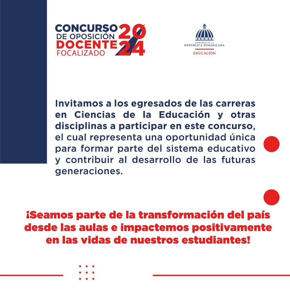 La Comisión Nacional de Concurso integrada por el Minerd, ADP y MAP, hizo el llamado oficial a registro e inscripción en el Concurso de Oposición Docente Focalizado 2024, la cual iniciará el 26 de abril y culminará el 26 de mayo de 2024. Link de acceso:  apps1.minerd.gob.do/seconcursofoca…