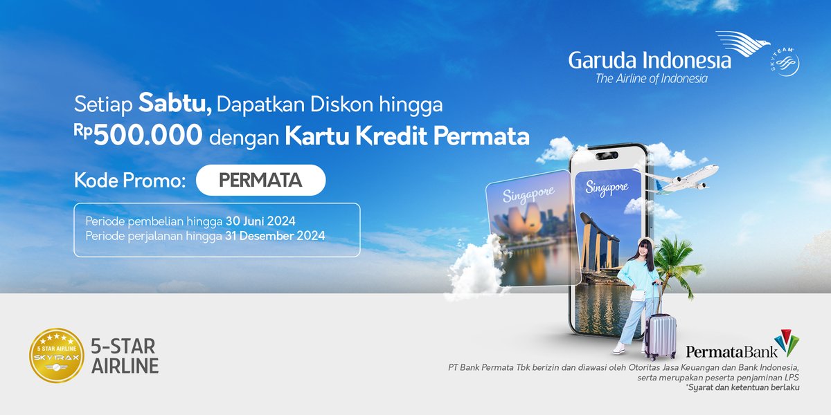 Nikmati potongan hingga Rp500.000 setiap hari Sabtu dengan Kartu Permata Bank Anda bersama Garuda Indonesia. Gunakan kode promo PERMATA saat memilih jadwal penerbangan di Aplikasi FlyGaruda atau garuda-indonesia.com Info lengkap: garuda-indonesia.com/id/id/special-… #GarudaIndonesia