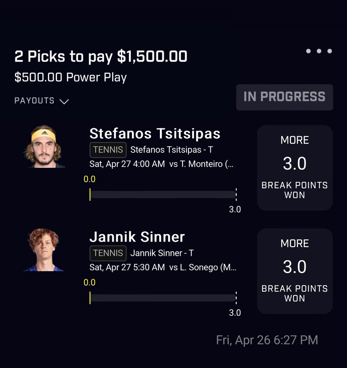 🔸Stefanos Tsitsipas Over 3 Break Points Won🏓

🔹Jannik Sinner Over 3 Break Points Won🎾

#prizepicks #tennis #GamblingTwitter #tennisbetting #parlays #tennistips  #SportsGambling