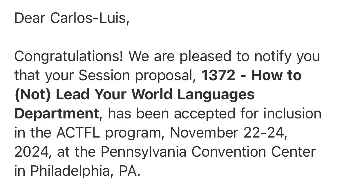 Wow… after seeing so many amazing colleagues & #langchat friends & allies not being accepted I was shocked to see this. I’m very excited (1st time!) but definitely facing good old imposter syndrome. I’m hopeful that humor, vulnerability & grace will make #ACTFL24 a memorable one