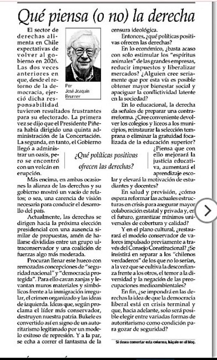 veronicaundurra's tweet photo. Qué fuerte esta columna.  Y más fuerte aún porque creo que Brunner, sinceramente y de buena fe, querría que el estado de la derecha fuera otro. https://t.co/S5f5IKGCWv