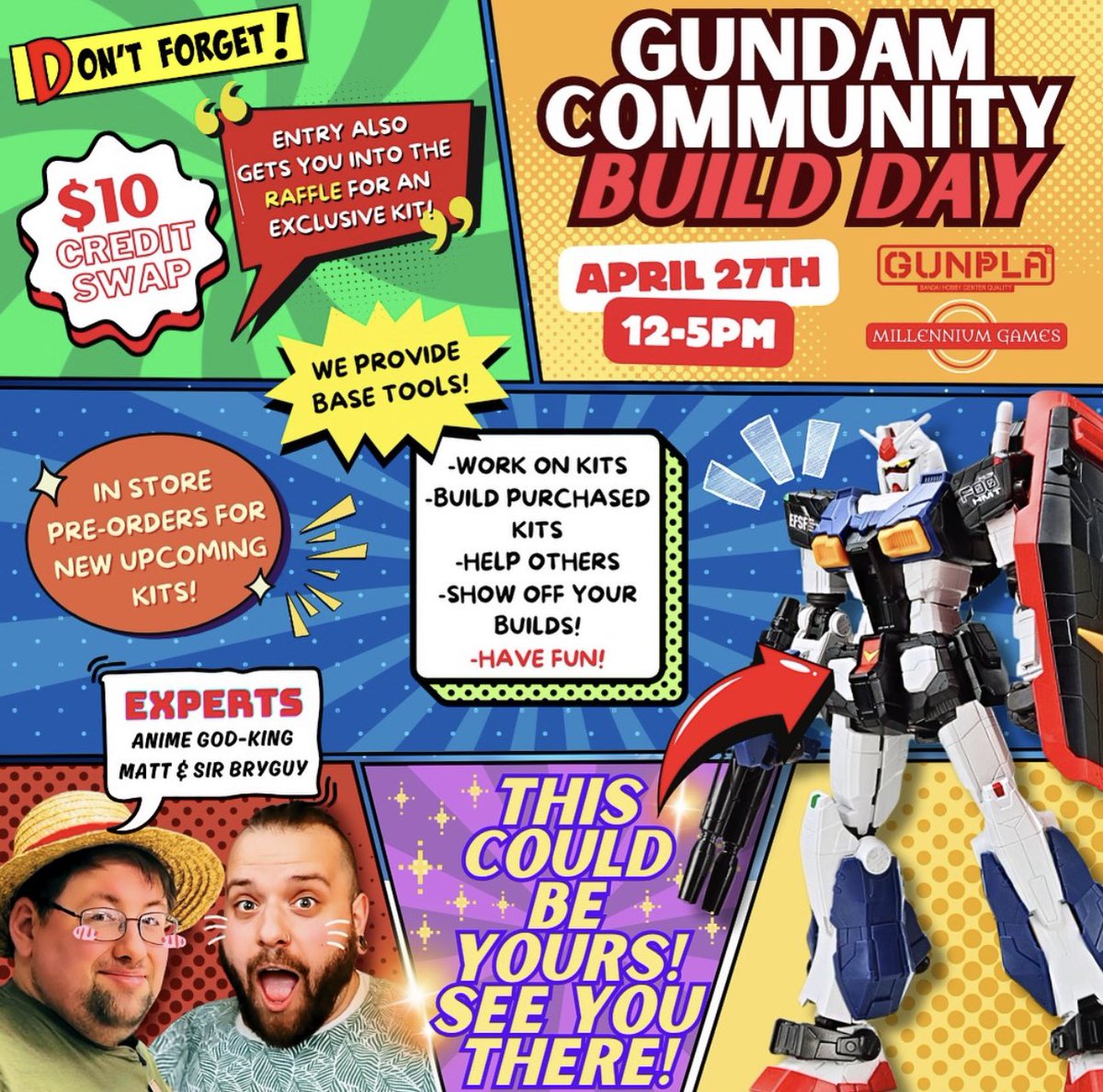 Gundam community build day is TOMORROW here at Millennium!🔥✨ make sure you grab your gundam and come on by, we’ll be doing a giveaway and having an absolute blast all day! See you tomorrow, team! 💫