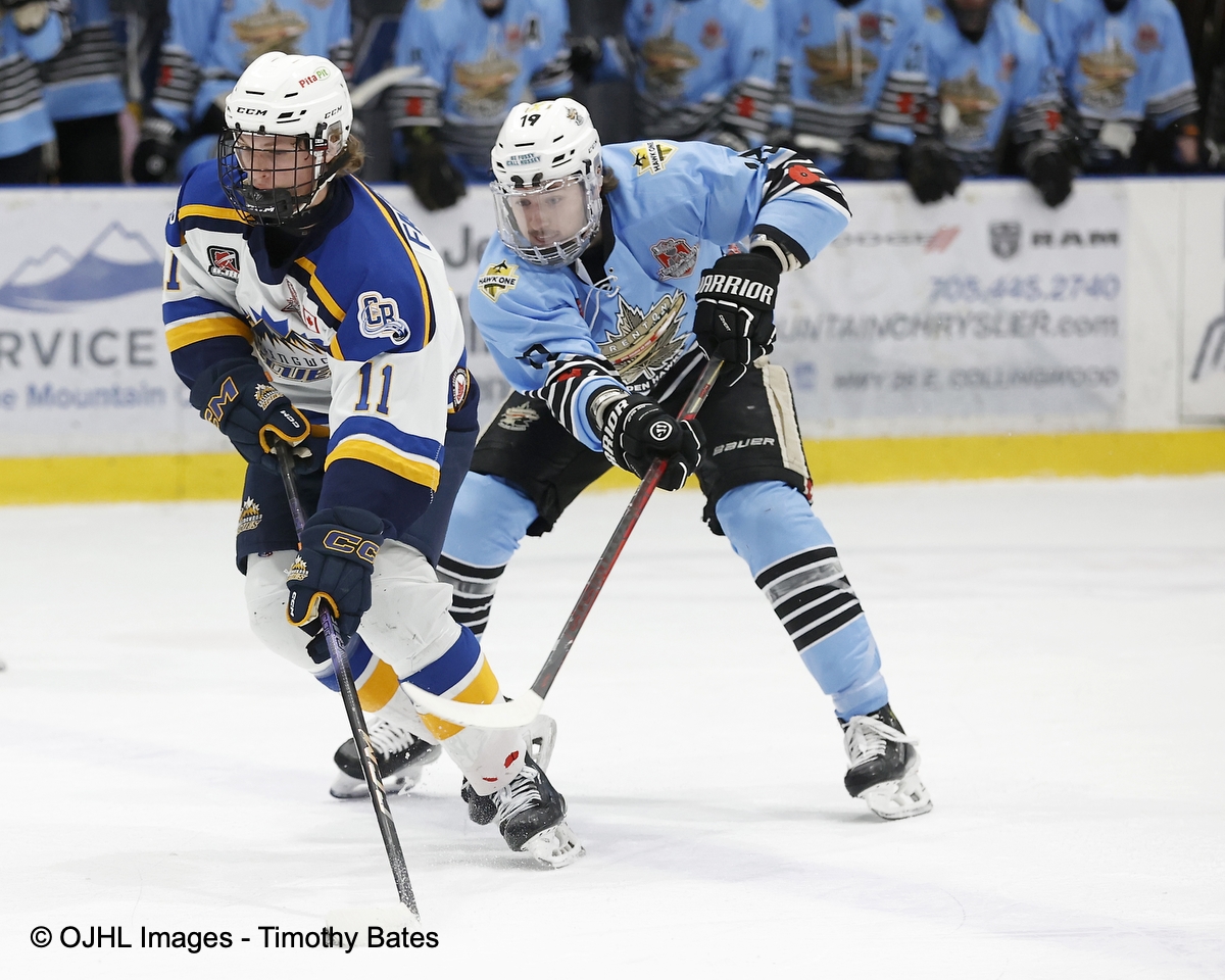 Game '5' action after one complete the score is 1-0 Collingwood @CwoodBluesJrA @OJHLGoldenHawks @ojhlofficial @ojhlimages @cjhlhockey @OHAhockey1 @HockeyCanada #postseason #Bucklandcup #Championship #leagueofchoice #Nutrafarms