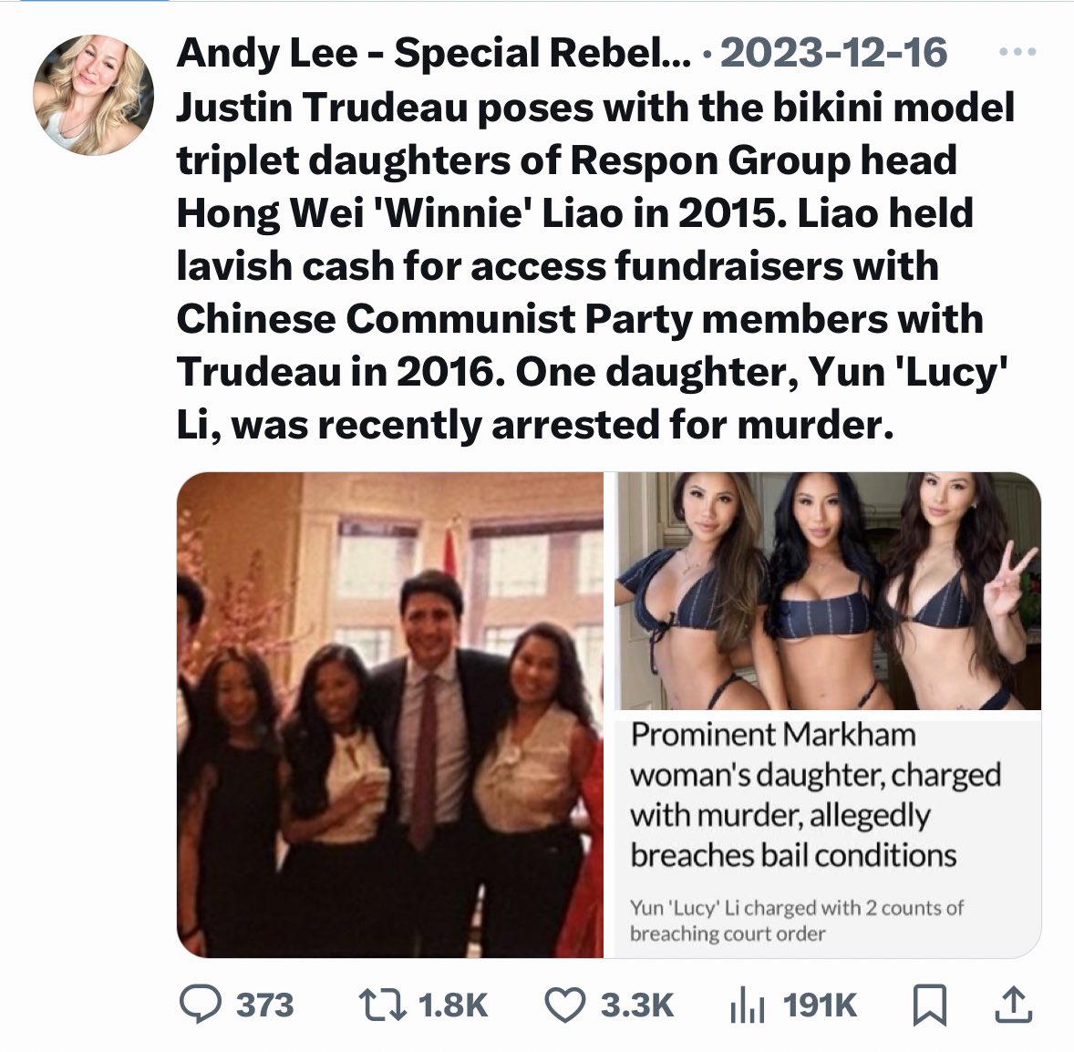 Let’s do something fun. Post who Trudeau stands with. I’ll start. He posed with a bikini-clad murderer because her mom held cash-for-access fundraisers with Chinese Communist Party members. He’s probably so impressionable that he didn’t do it for donations.…