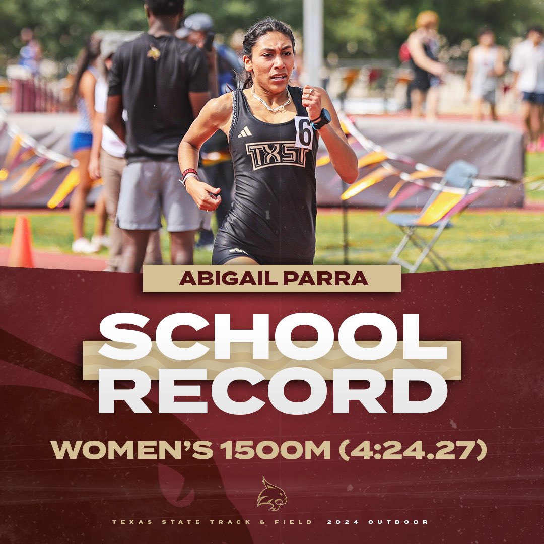 TXStateTrack's tweet photo. 🚨SCHOOL RECORD🚨

Abigail Parra broke her own school record in the women’s 1500m and placed first at the Texas Invitational 🥇

#EatEmUp https://t.co/F624S6aRrO