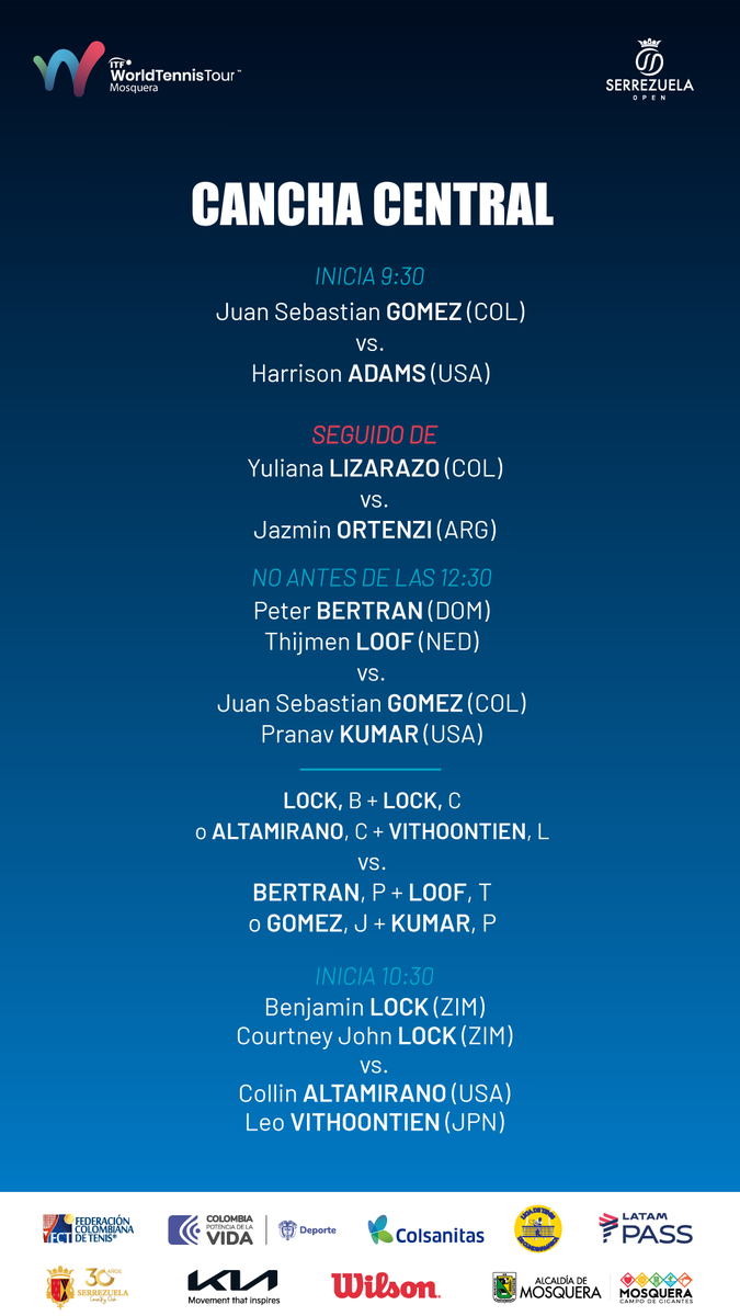 ¡Ya tenemos finales en el Serrezuela Open! Así será la jornada de este sábado.

#SomosTenisColombiano🇨🇴 

<a href="/MinDeporteCol/">Ministerio del Deporte</a> <a href="/OlimpicoCol/">Comité Olímpico COL</a> <a href="/ACORDCOLOMBIA1/">Acord Col 🇨🇴 ®️</a> <a href="/TorneosTenisCol/">Torneos Brandsup</a> <a href="/yulianaLIZARAZO/">Yuliana Lizarazo</a>