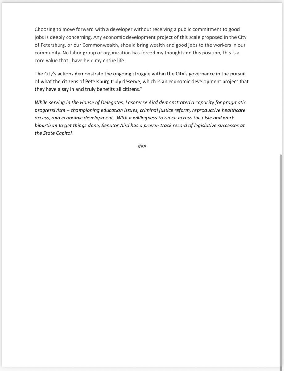 lashrecseaird's tweet photo. In response to the Petersburg City Council resolution naming Cordish Company the preferred developer and allegations regarding the legislative process for a casino in Petersburg, I’ve  released the following statement: https://t.co/xSROLsrBQR