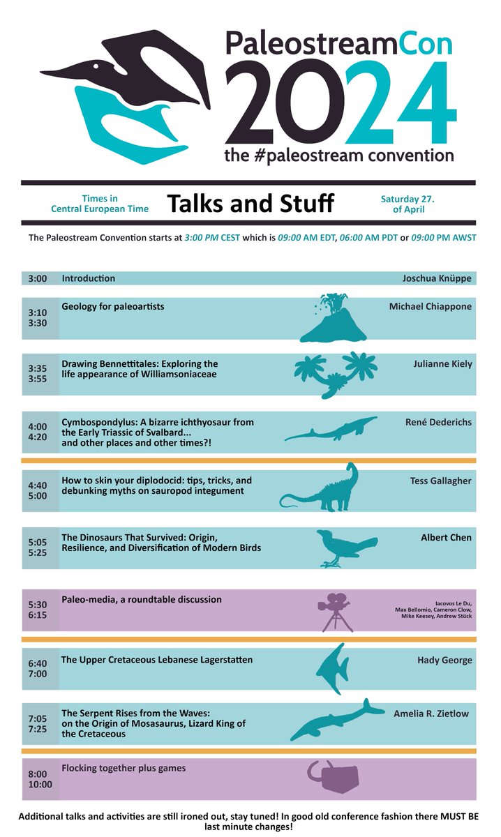 JoschuaKnuppe's tweet photo. As it is tradition with ALL conferences we had a last minute change so here is the updated schedule for TOMORROW!
#PaleostreamCon https://t.co/HHJgO6P2Hx