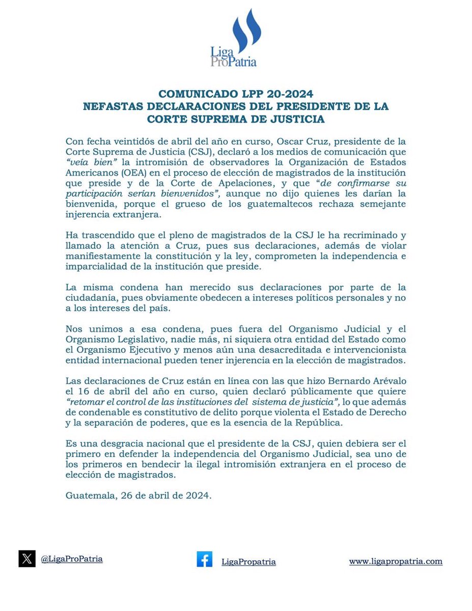 Las declaraciones del Presidente de la CSJ, Oscar Cruz, @OJGuatemala violentan el #EstadoDeDerecho y la separación de poderes al pretender que la @OEA_oficial se inmiscuya en la elección de magistrados. @josecarlospomes @shecht6 @jlgdubon @orecheverria @BMarroquin2021