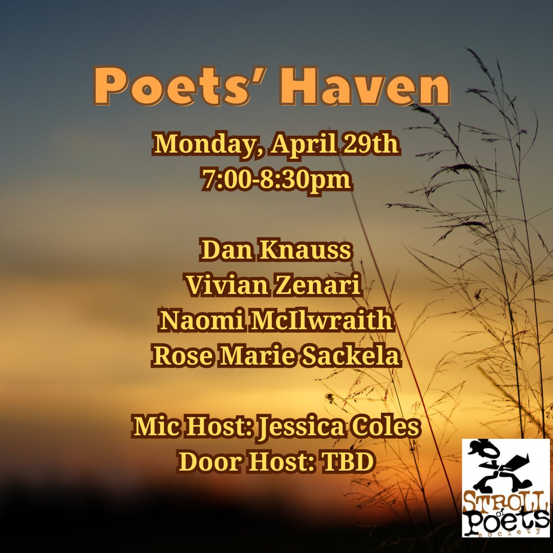It's the last regular Haven of the season! @uppercrustyeg (Don't forget about Fresh Verse on May 13!) $5 at the door includes refreshments. Open mic to follow featured readers - sign up on arrival. New readers welcome! #strollofpoets #yegevents #edmontonpoetry #yegpoetry